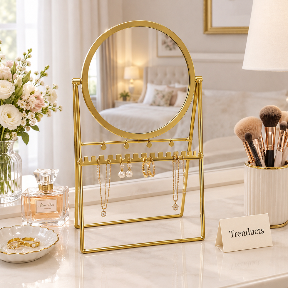 Elegant Gold Table Mirror - Round with Jewellery Rail