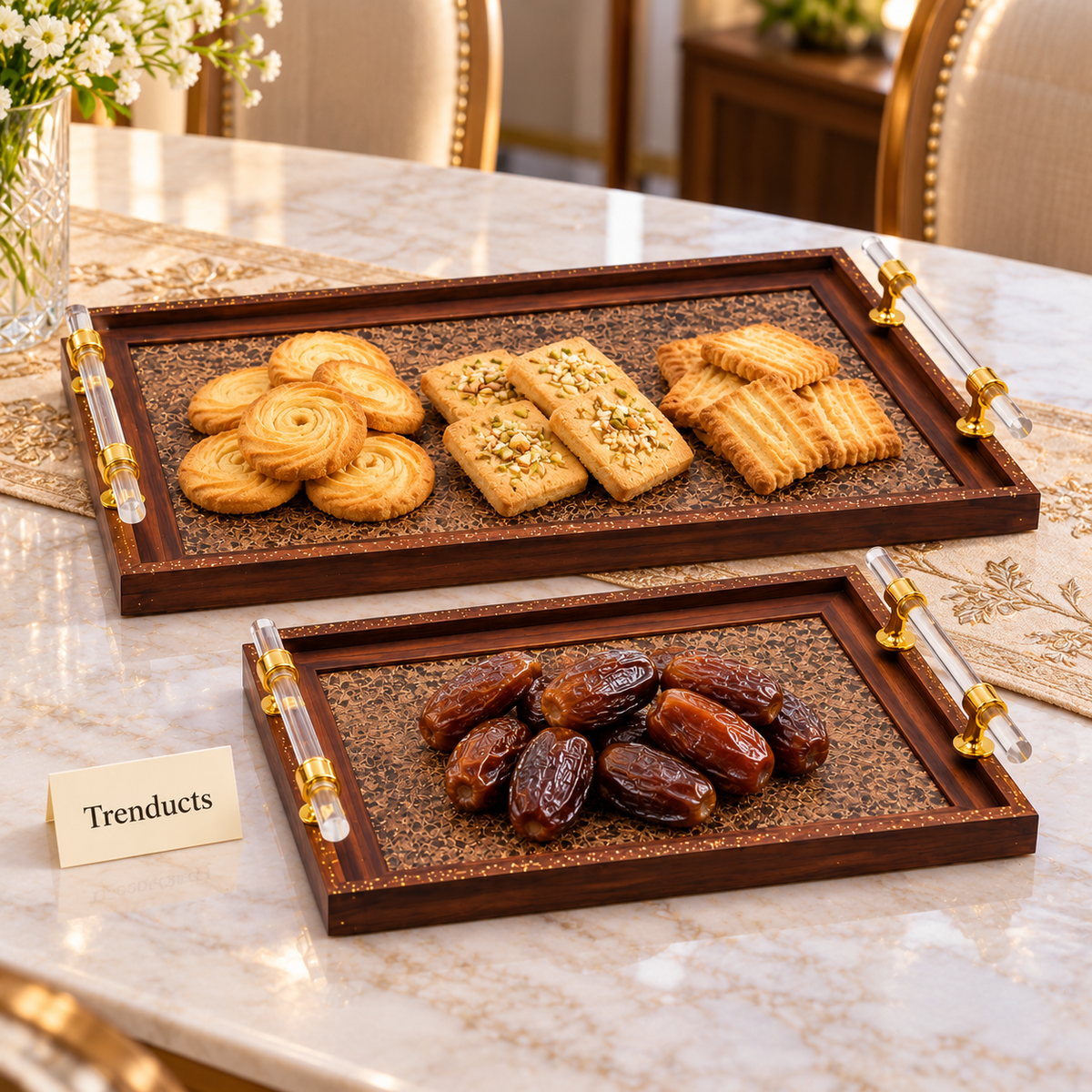 Elegant Wooden Serving Tray Set of 2 - Walnut Brown