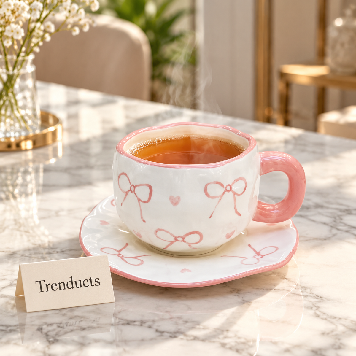 Pink Bow Cup and Saucer - White Ceramic Tea Cup Set