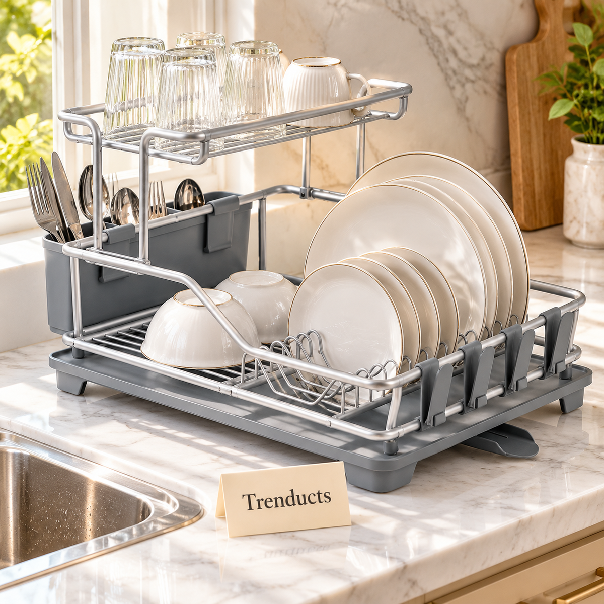 Premium Two Tier Dish Rack with Drain Tray - Grey and Silver