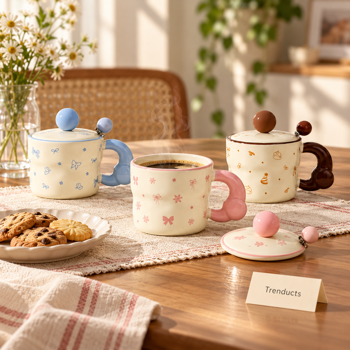 Ceramic Mug with Lid and Ball Knob - Pastel Prints