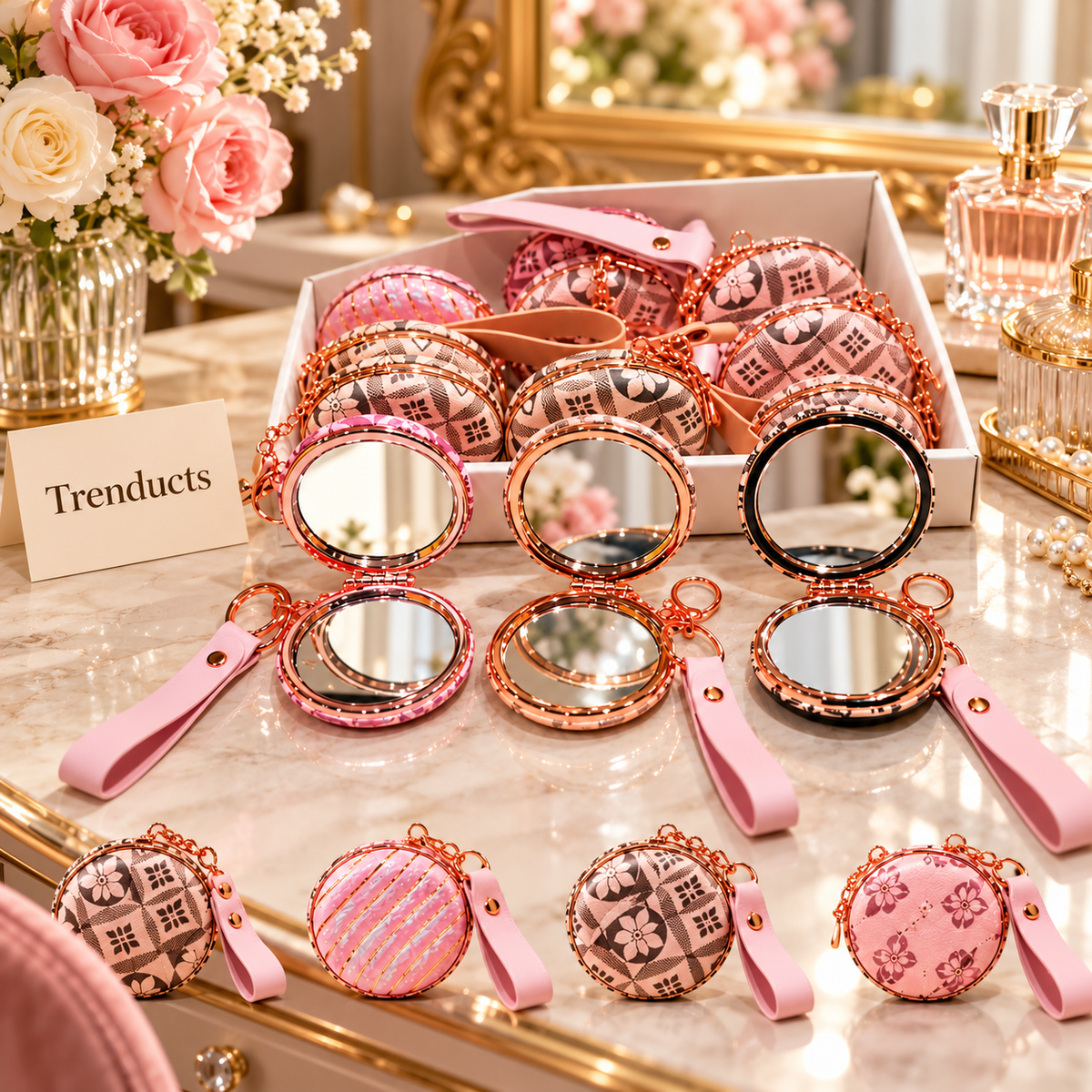 Rose Gold Floral Cosmetic Pocket Mirror - Round with Wrist Strap (each)