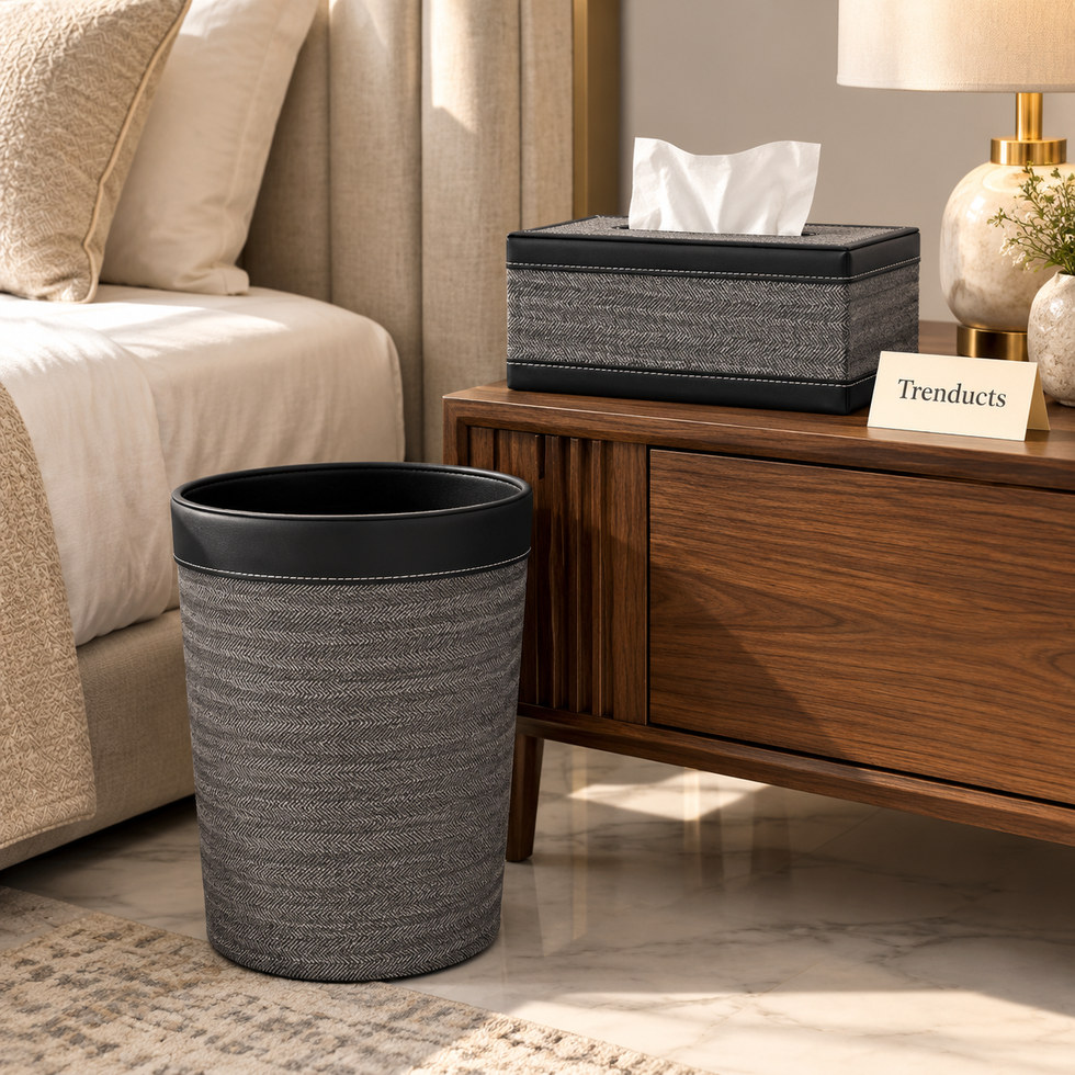 Premium Texture Tissue Box & Dustbin - Grey Herringbone