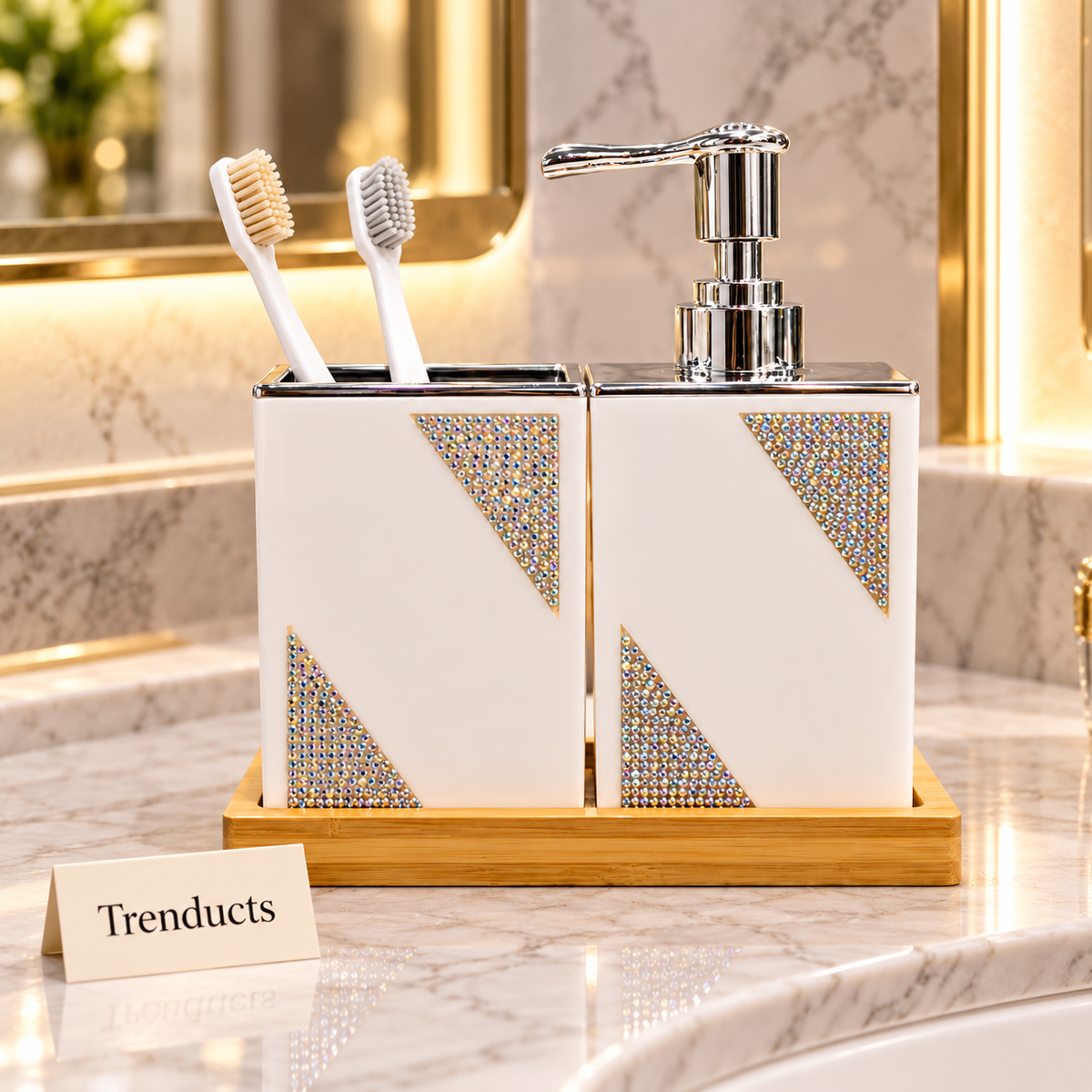 Bathroom Set - White Glitter Soap Dispenser & Bamboo Tray