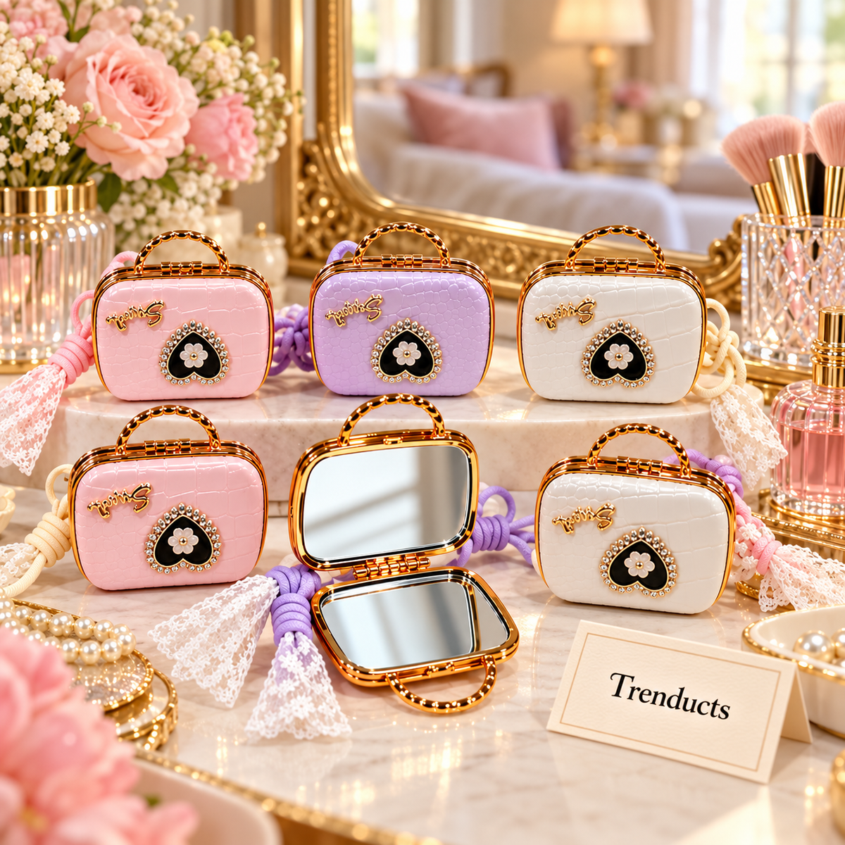 Handbag Shaped Cosmetic Pocket Mirror with Heart Charm and Strap (each)