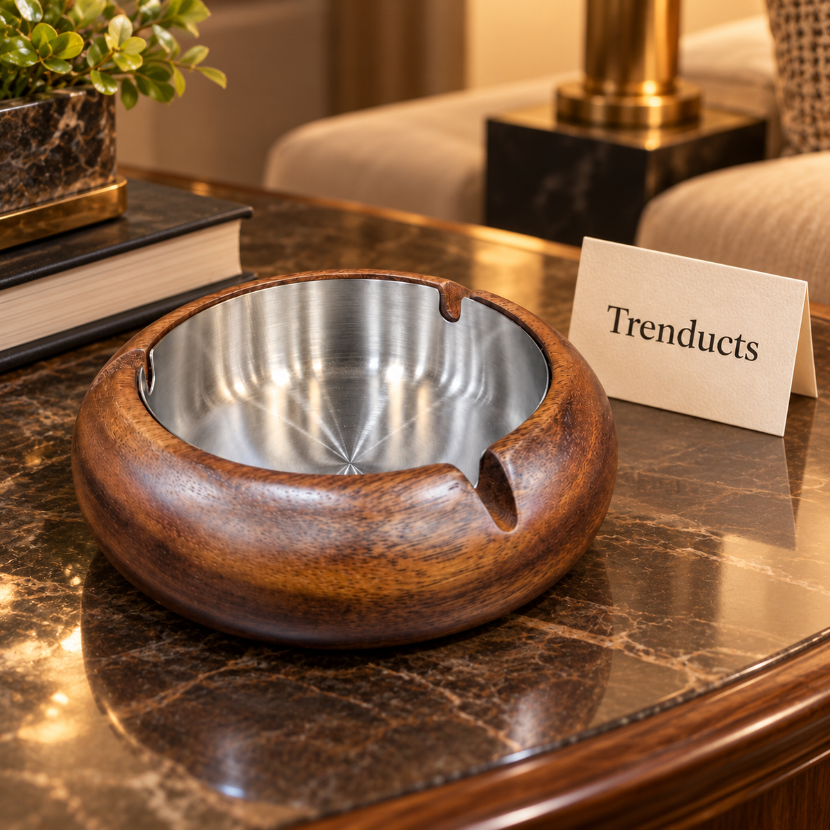 Round Walnut Wood Ashtray with Metal Bowl Insert
