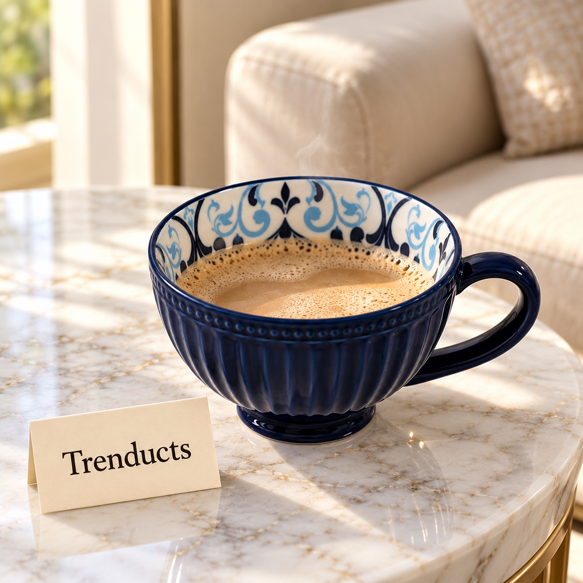 Danny Home Wide Mug 355ml - Navy Ribbed with Blue Pattern