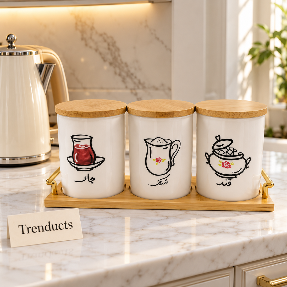 Ceramic Decorative Tea Coffee Sugar Canisters - Bamboo Tray