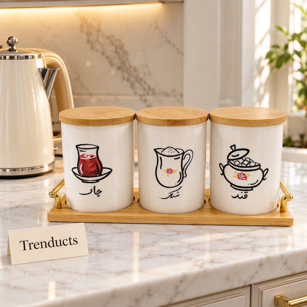Ceramic Decorative Tea Coffee Sugar Canisters - Bamboo Tray