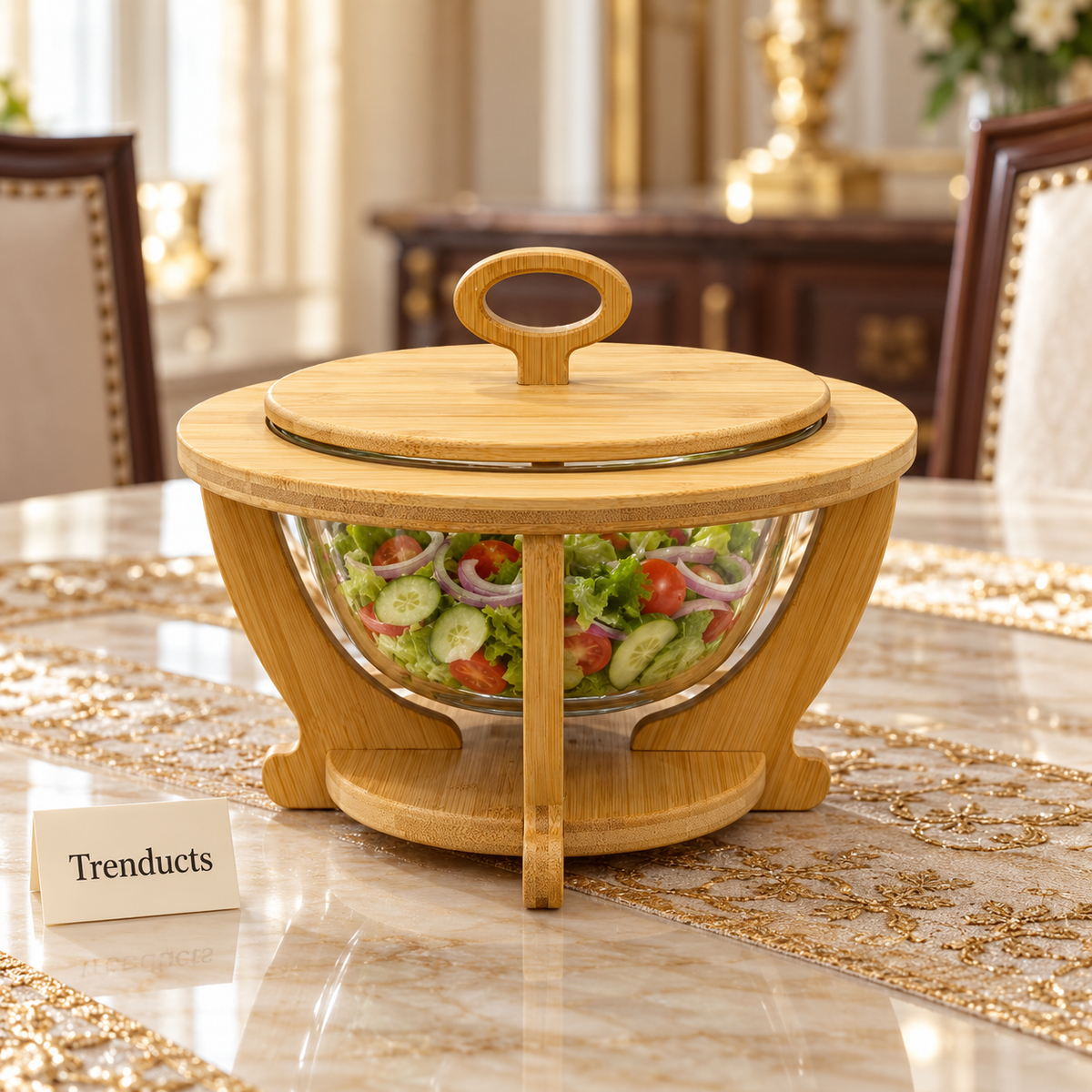 Bohemia Glass Serving Bowl - Bamboo Lid & Stand
