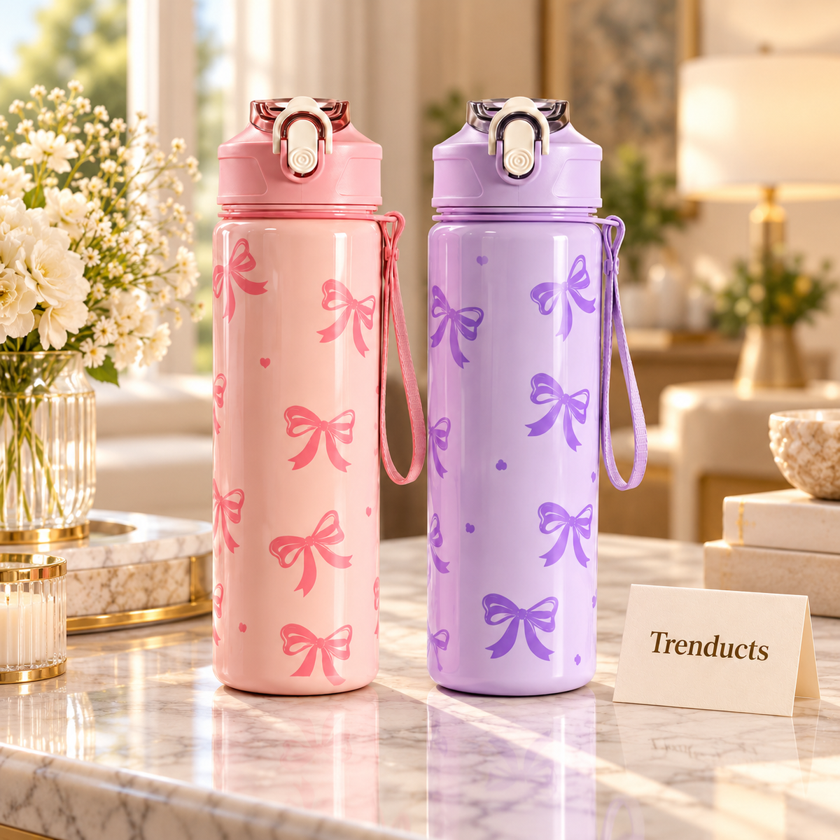 800ml Bow Print Water Bottle with Flip Lid and Carry Strap (Random)