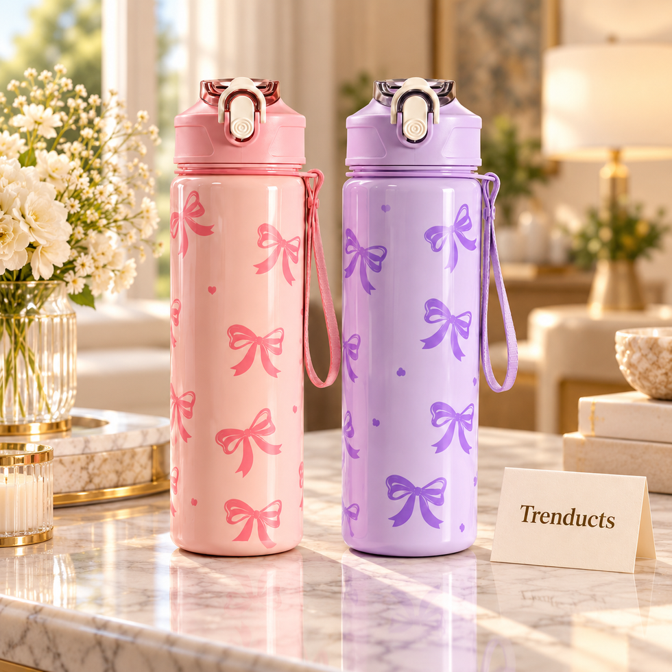 800ml Bow Print Water Bottle with Flip Lid and Carry Strap (Random)