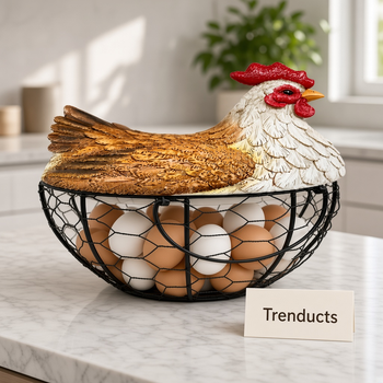 Metal Egg Basket with Fiber Hen Lid - White & Brown styled in a luxury setting - view 2 | Trenducts
