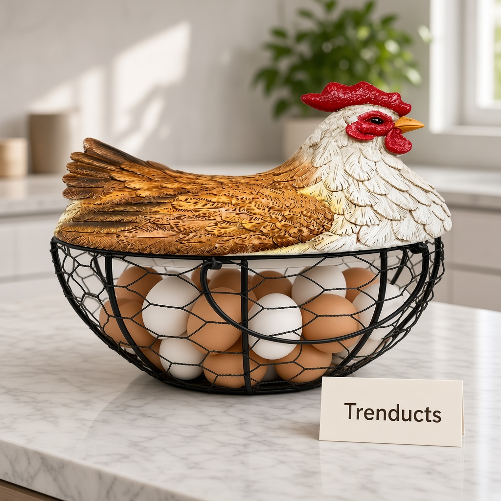 Premium Metal Egg Basket with Fiber Hen Lid - White & Brown
