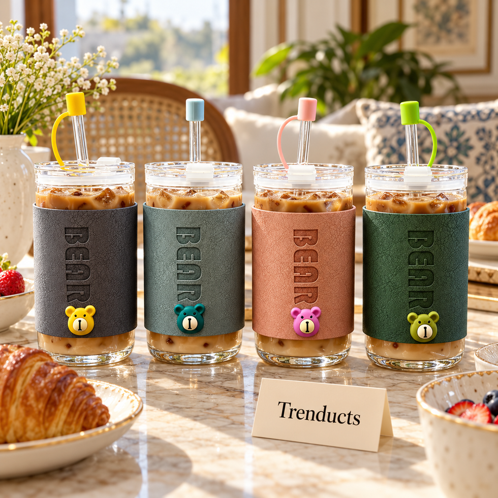 Bear Glass Mug with Straw - Leather Sleeve & Lid (Random)