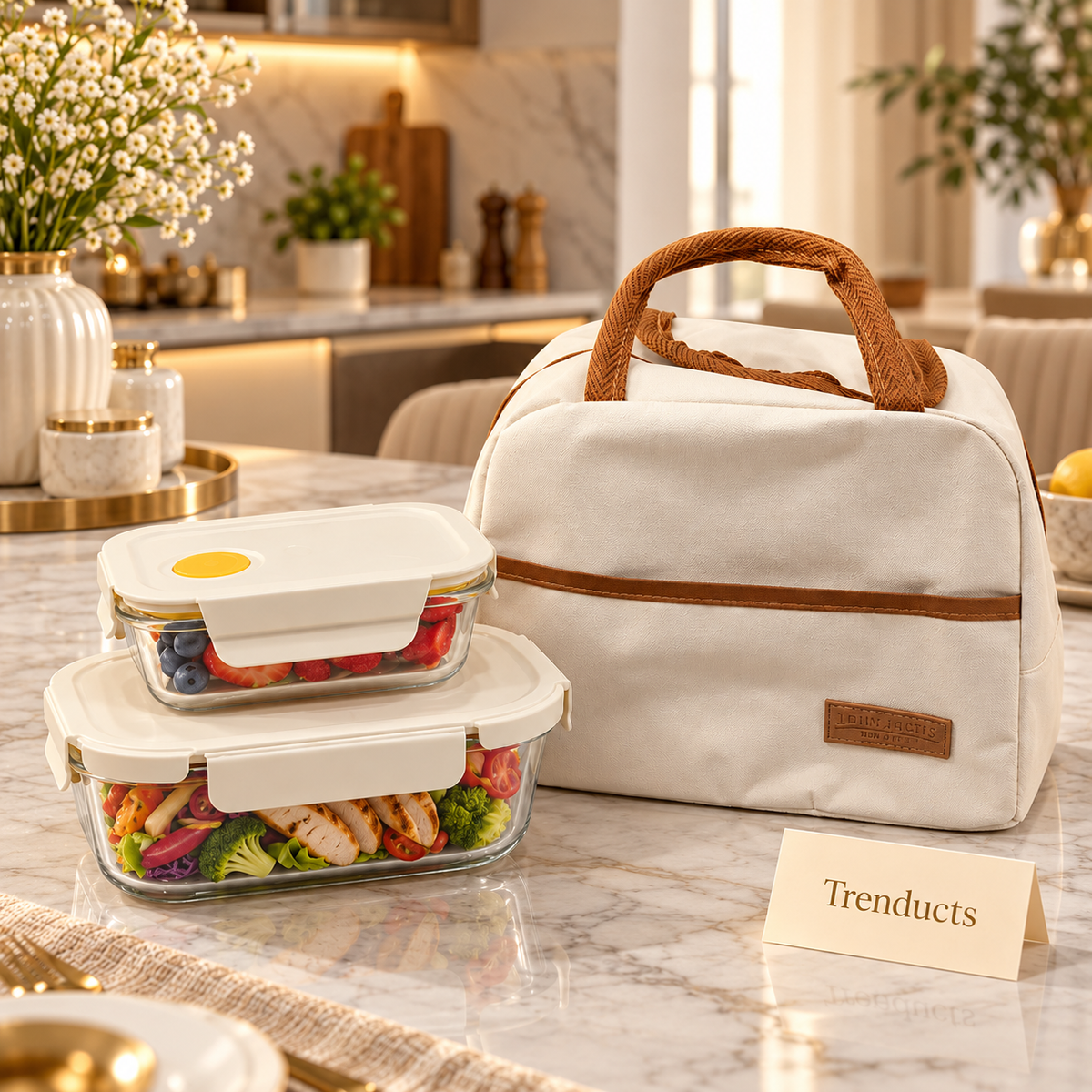 Glass Lunch Box Set with Cream Bag - 400ml and 850ml Containers