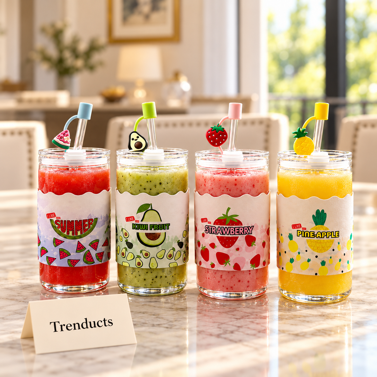 Fruit Glass Mug with Straw - Fruit Print Sleeve (Random)