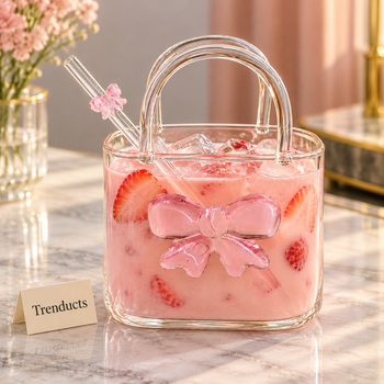 Handbag mug with iced juice and straw on a cafe table - Trenducts