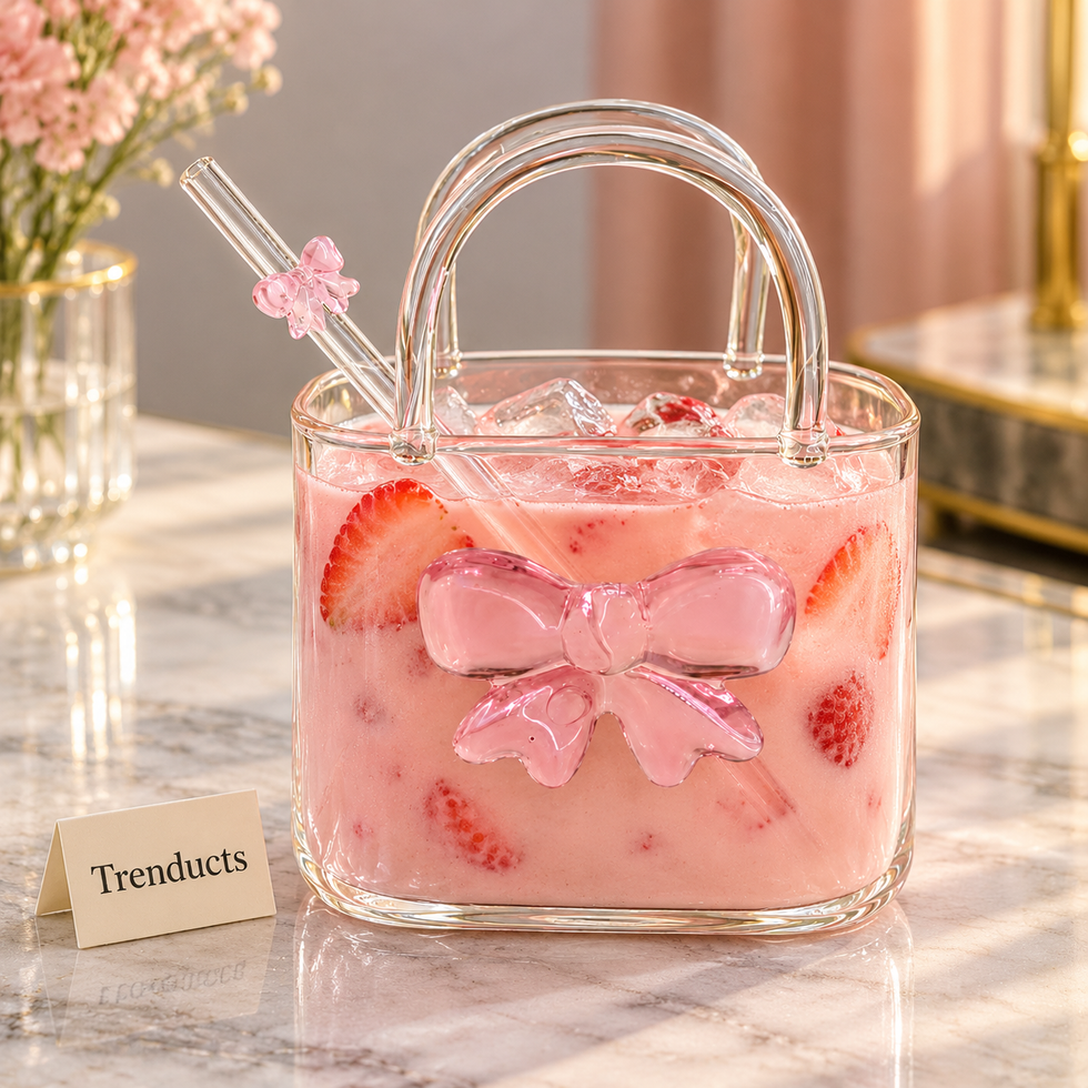 Glass Handbag Mug with Glass Straw - Pink 3D Bow Design