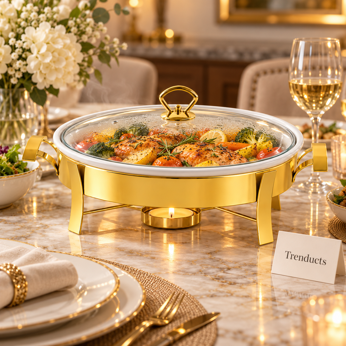 Brilliant Oval Serving Dish with Candle Warmer Stand - White & Gold