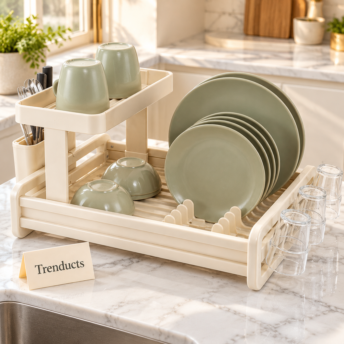 Premium Dish Drying Rack - Two Tier Cream with Cup Shelf