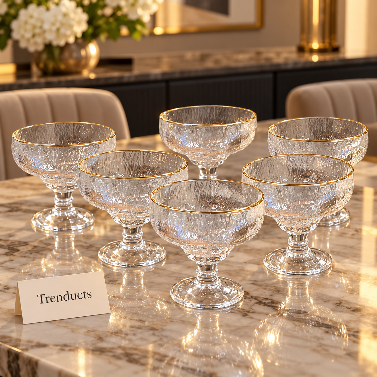 Hammered Glass Footed Ice Cream Bowl Set with Gold Rim - 6 Pcs