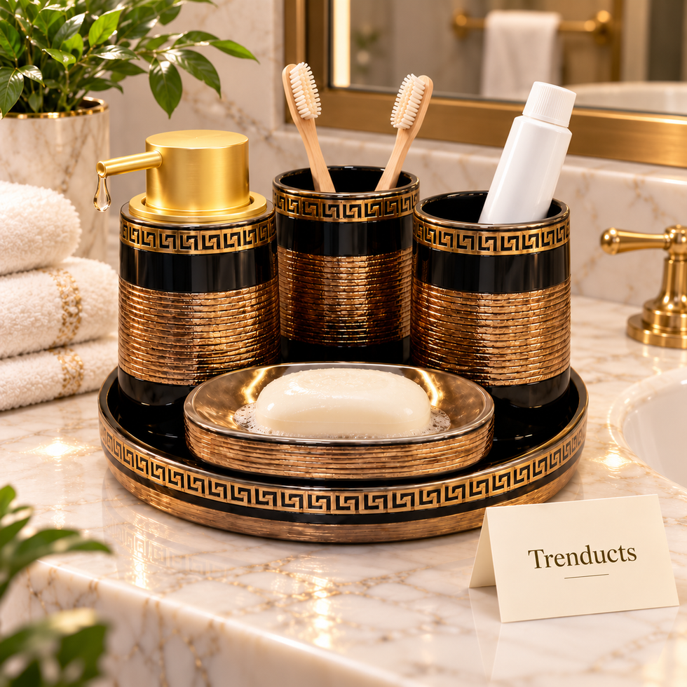 Brilliant 5 Piece Bathroom Set - Black & Gold Greek Key