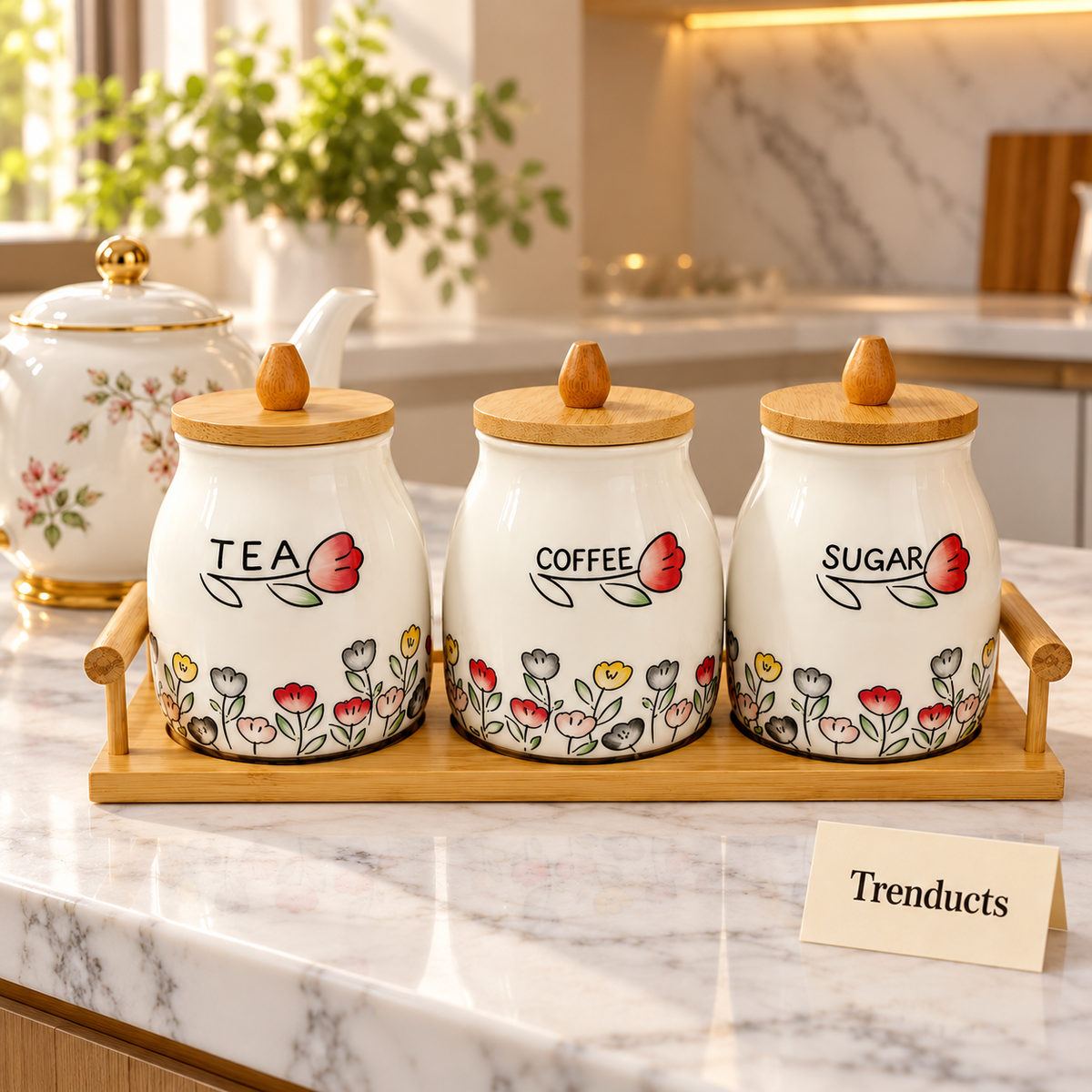 Ceramic floral Coffee Tea Sugar Canister Set - Equal Jars & Tray