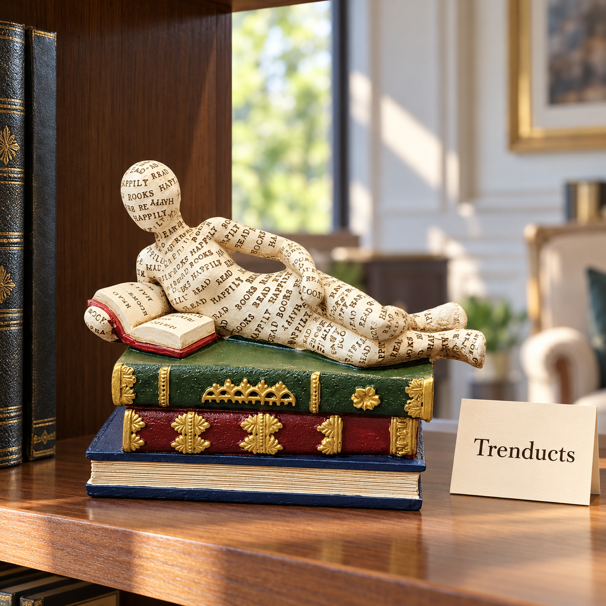 Reclining Reader Figure Showpiece - Newsprint on Book Stack