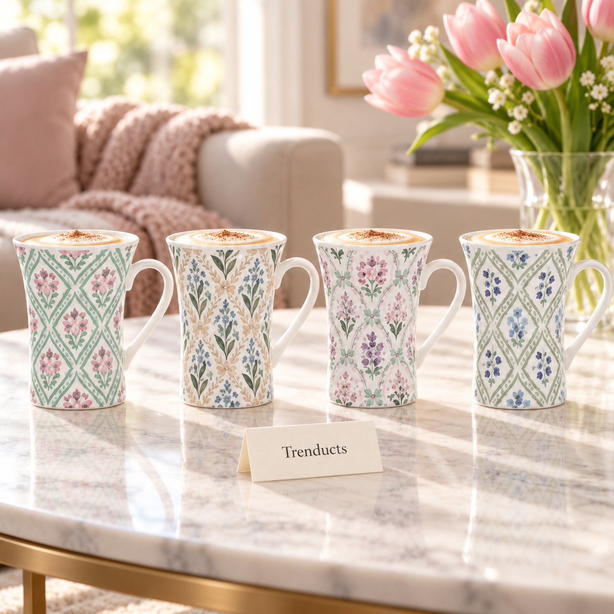Tall Damask Ceramic Mug - Pastel Diamond Print (Random)