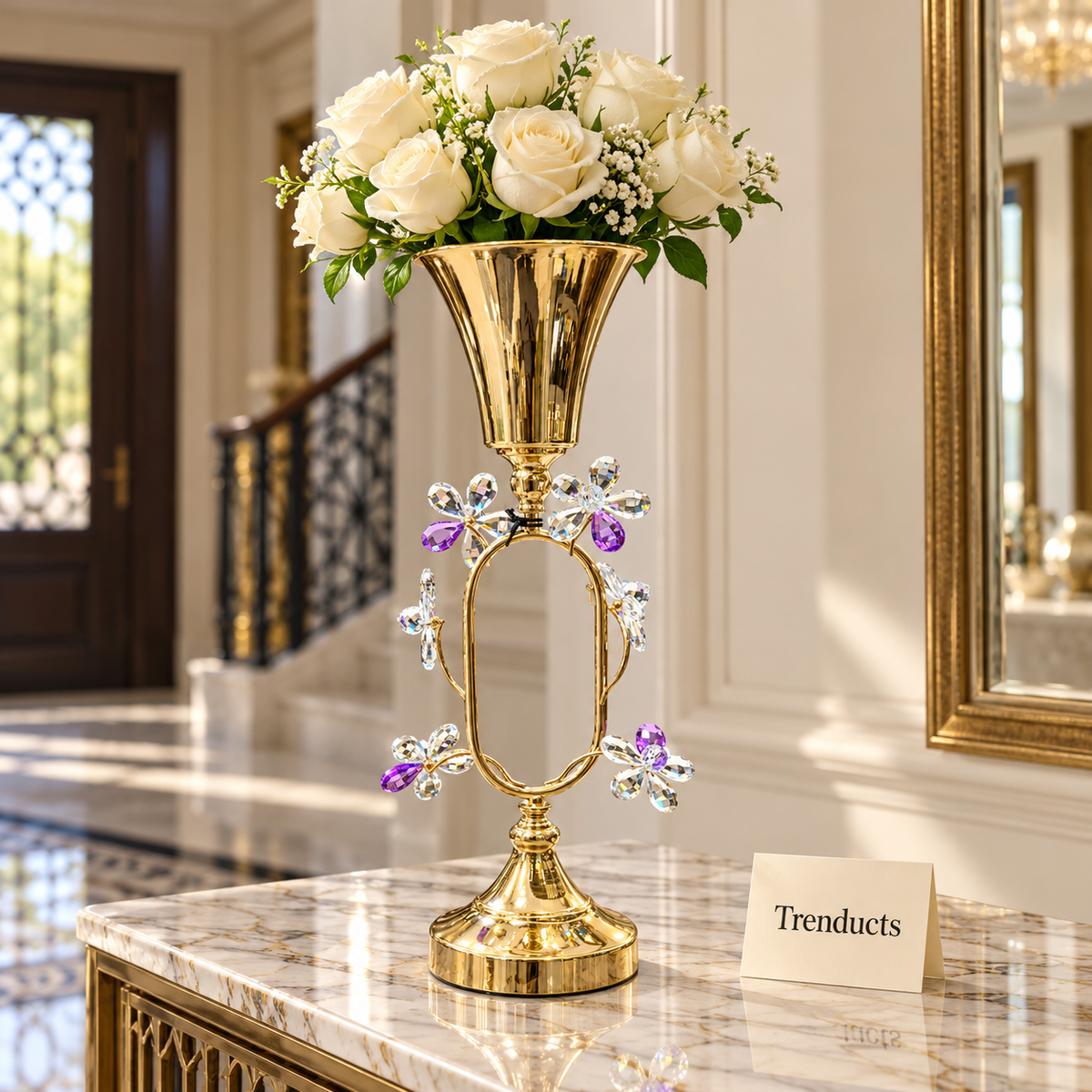 Luxury Gold Pedestal Vase - Crystal Flower Table Accent