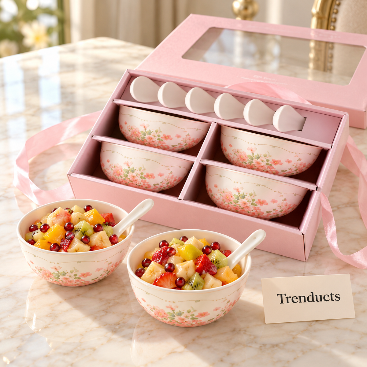 Floral Bowl Gift Set - 6 Bowls and 6 Spoons Pink Box