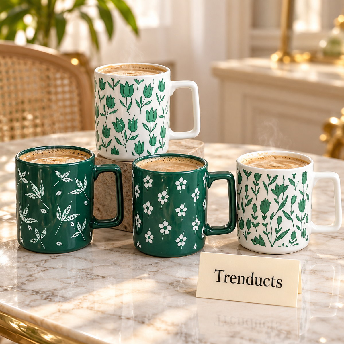 Green Floral Mug 450 ml - Square Handle (Random Design)