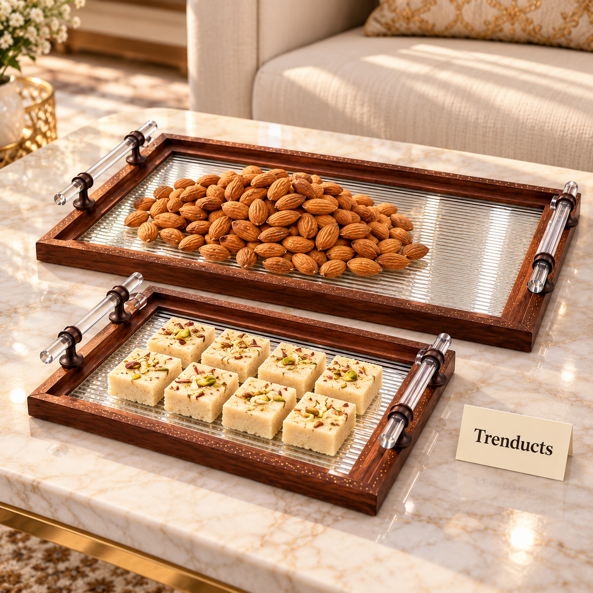 Elegant Serving Tray Set of 2 - Walnut & Fluted Glass