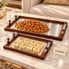 Elegant Serving Tray Set of 2 - Walnut & Fluted Glass