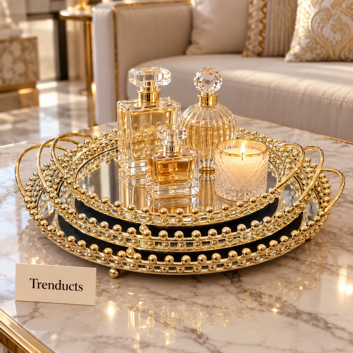 Gold Oval Mirrored Decorative Tray Set - Beaded Rim Handles