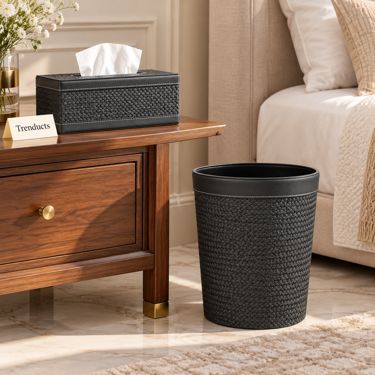 Luxury Texture Tissue Box & Dustbin - Charcoal Braided