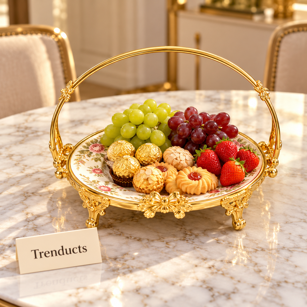 Brilliant Round Basket Tray - Pink Floral Gold Frame