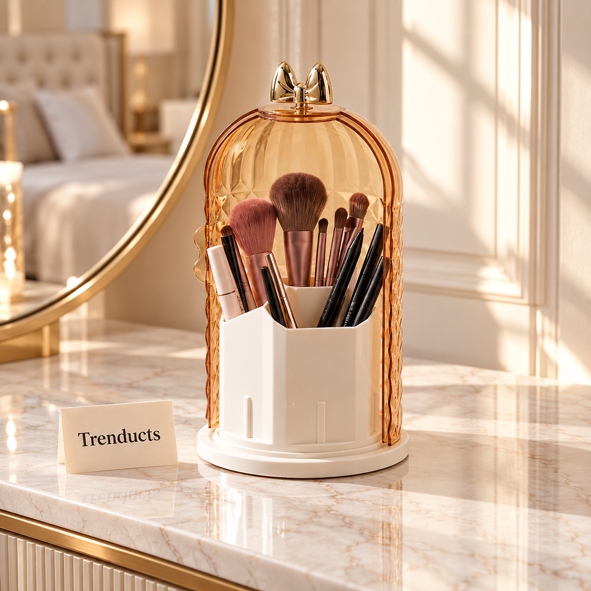Acrylic Storage Box - Rotating Brush Holder with Gold Lid