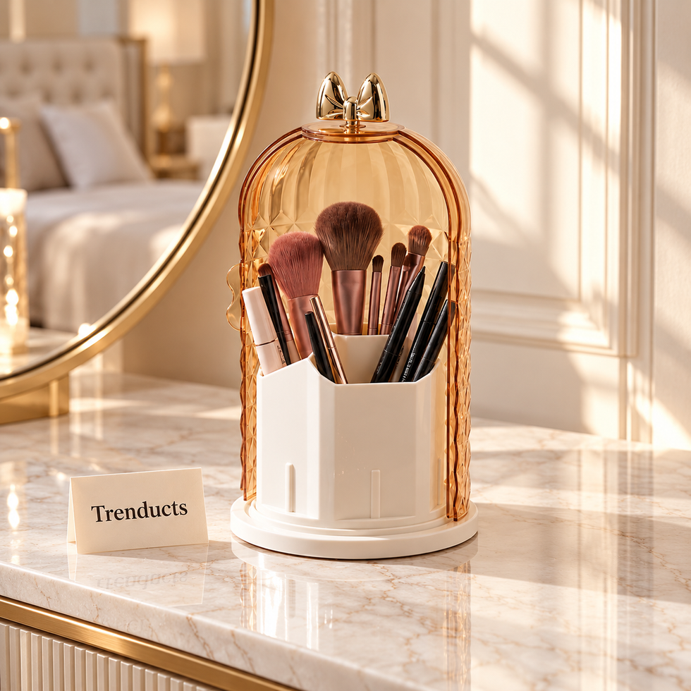 Acrylic Storage Box - Rotating Brush Holder with Gold Lid