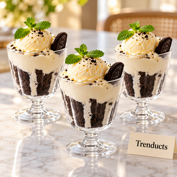 Dessert glass set with ice cream and trifle on a dining table | Trenducts