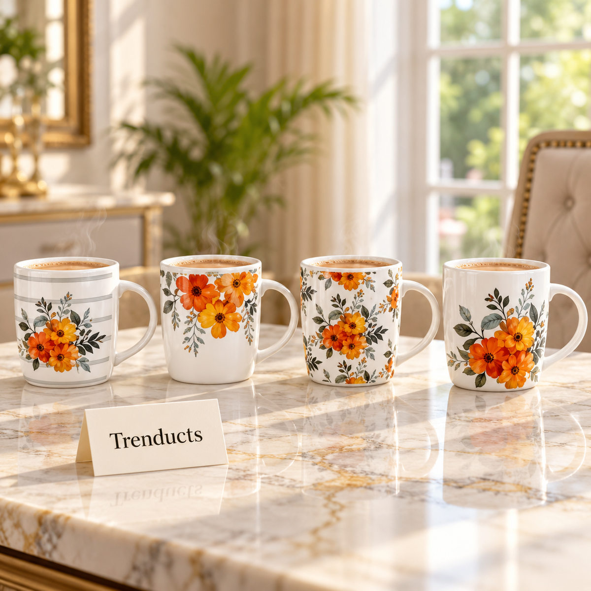 Orange Flower Mug - White Floral Print (Random Design)