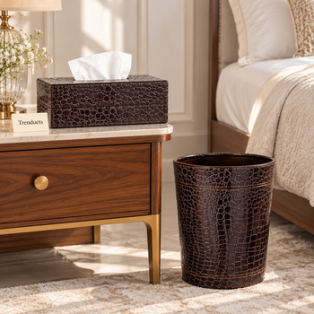 Brown embossed tissue box dustbin in a bright bedroom - Trenducts