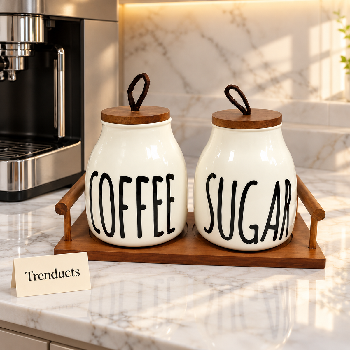 Luxury Ceramic Coffee and Sugar Jars Set - White Ceramic with Wooden Tray