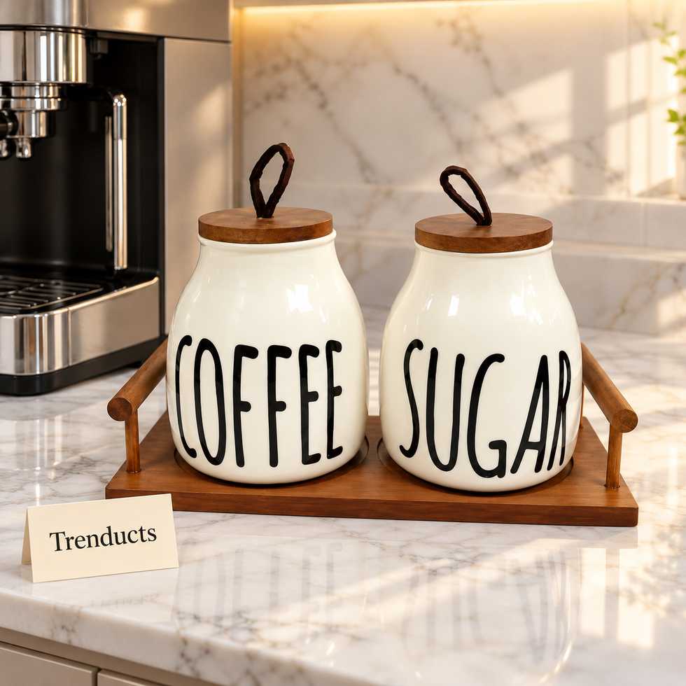 Luxury Ceramic Coffee and Sugar Jars Set - White Ceramic with Wooden Tray