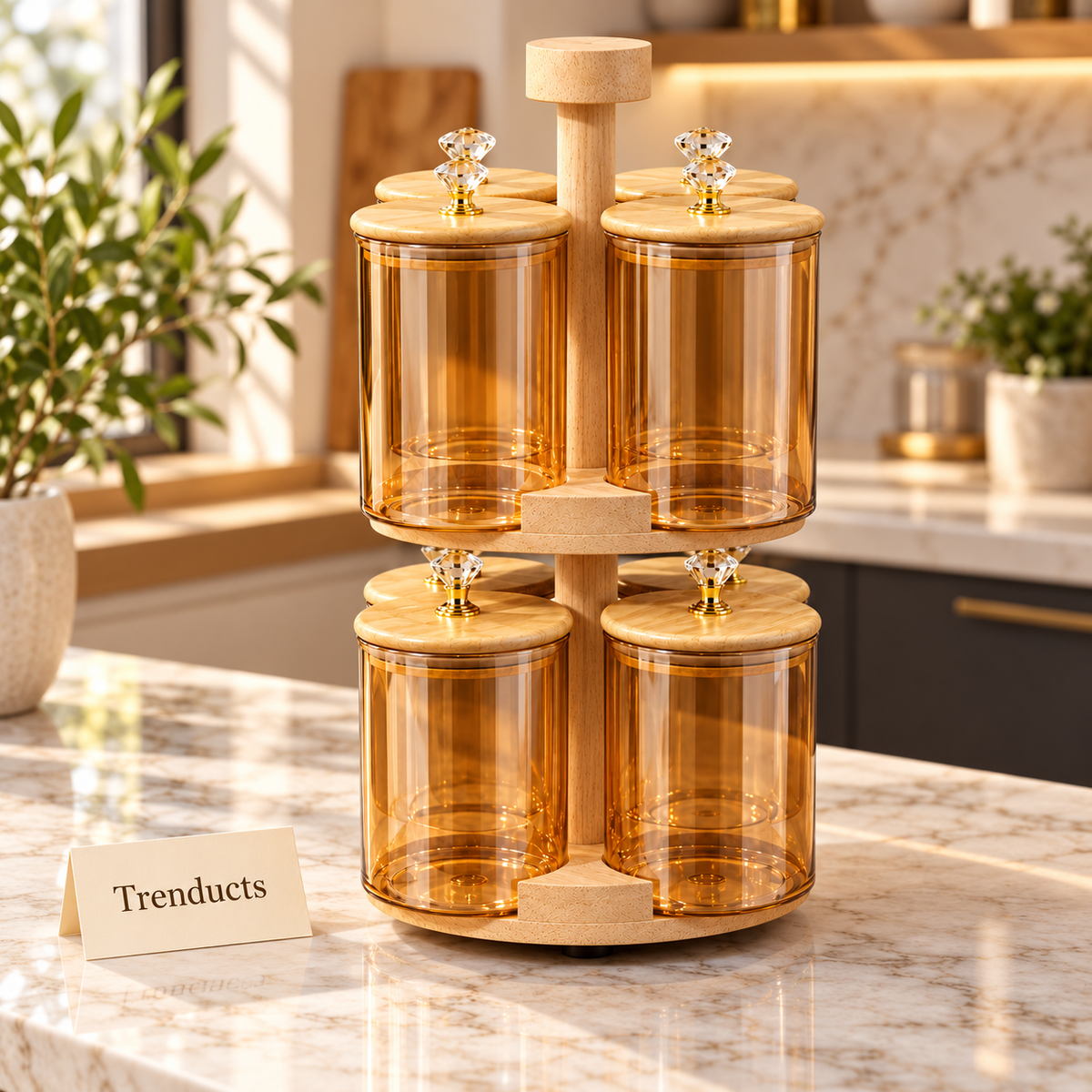Premium Rotating Glass Storage Jars 8 Pcs Set with Wooden Stand and Diamond Knobs