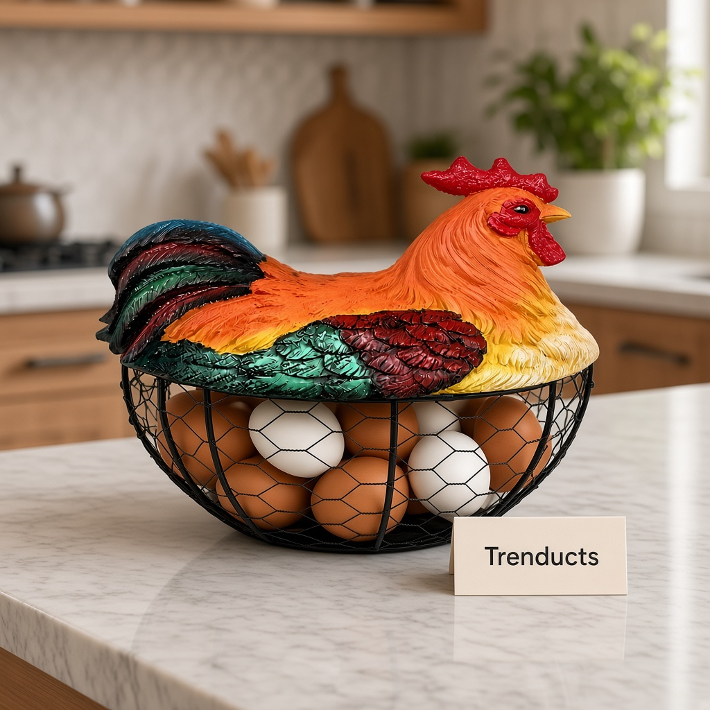 Premium Metal Egg Basket with Fiber Rooster Hen Lid - Orange & Green