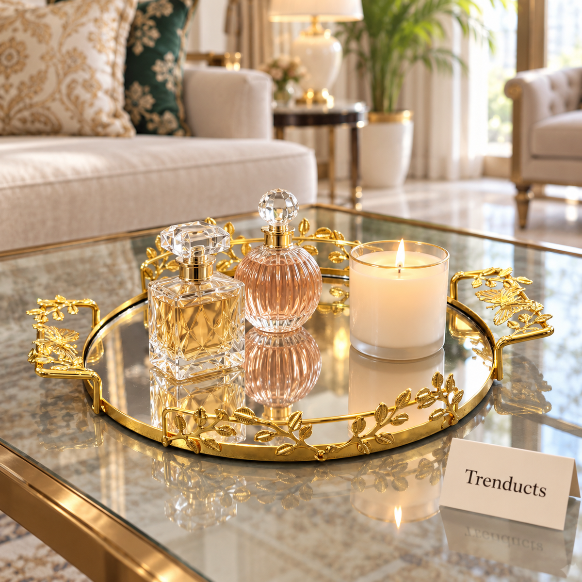 Gold Oval Mirrored Tray - Leaf Detail Frame and Handles
