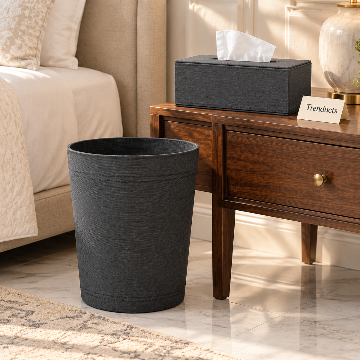 Luxury Texture Tissue Box & Dustbin - Charcoal Ribbed