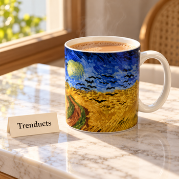 Wheat Field Painting Mug with chai on a breakfast table | Trenducts